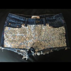 PINK sequin denim cut off shorts